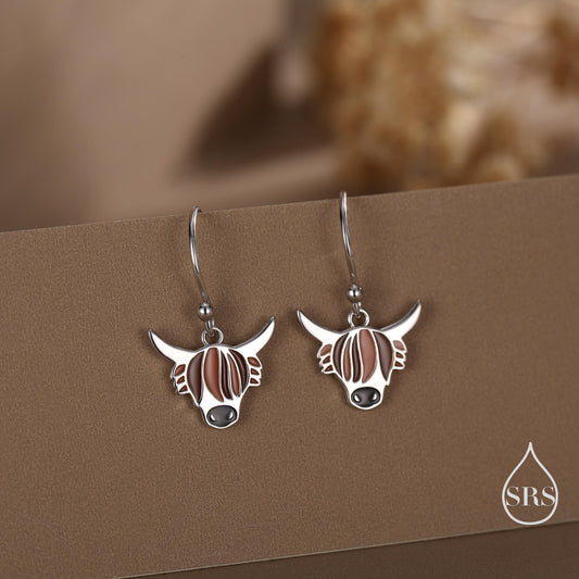 Enamel Highland Cow Drop Dangling Earrings in Sterling Silver, Scottish Inspired Highland Cow Hook Earrings