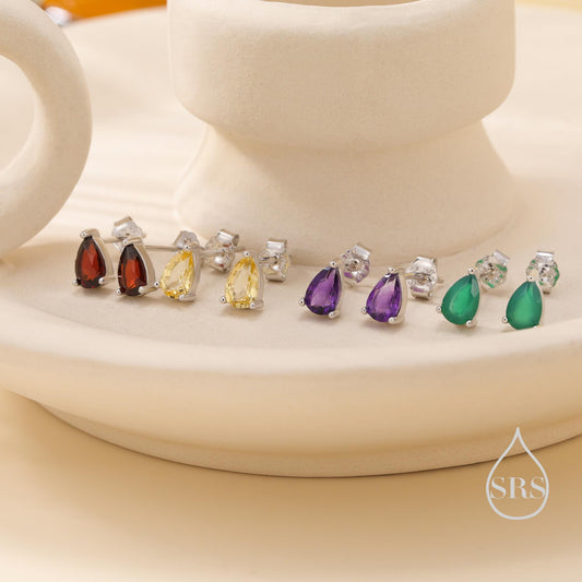 Extra Tiny Genuine Gemstone Droplet Stud Earrings in Sterling Silver, 4x6mm Amethyst Crystal Earrings, Natural Crystal Pear Earrings