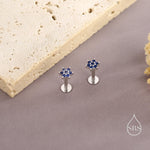 Extra Tiny Sapphire Blue CZ Flower 16G Internally Threaded Flat Back Earrings in Sterling Silver