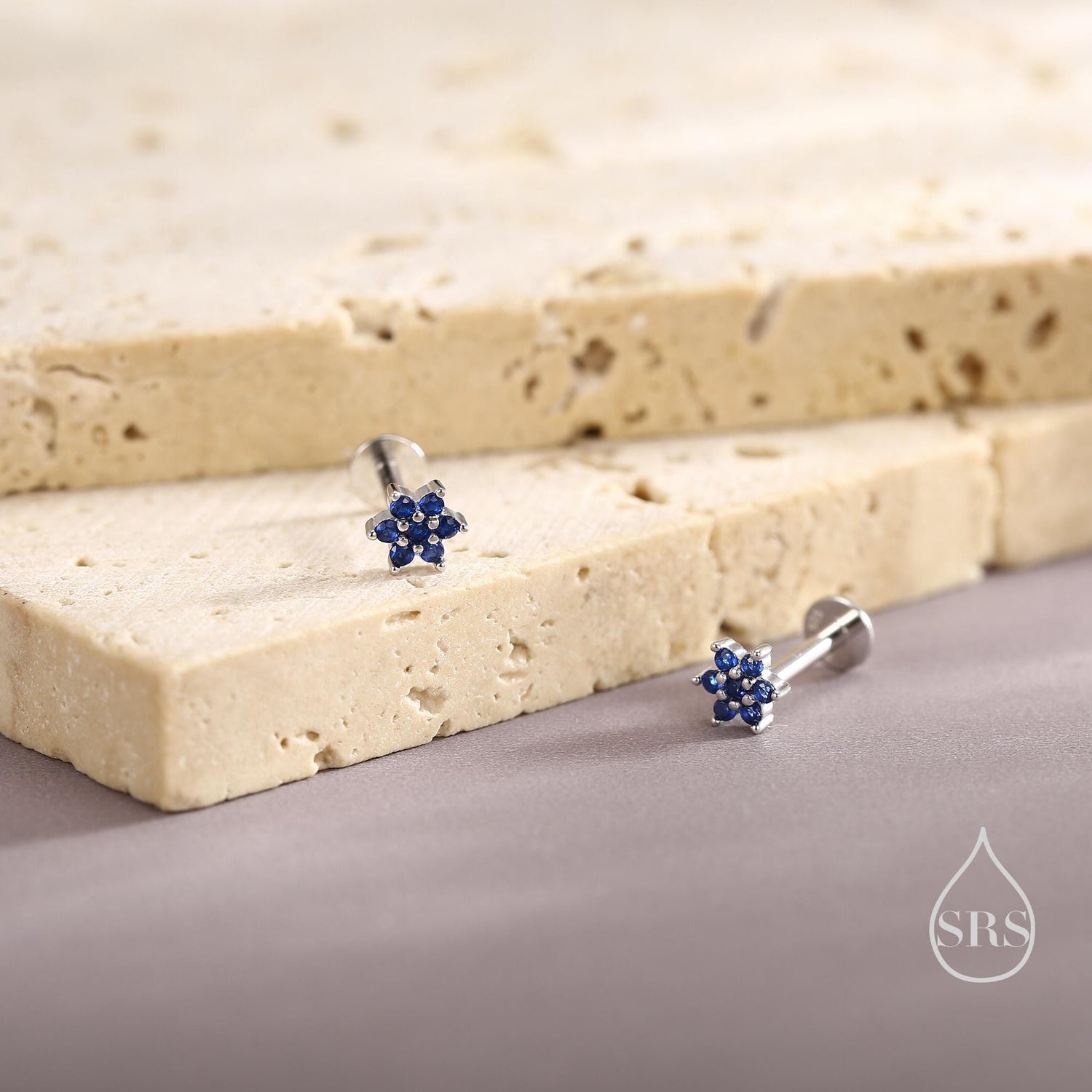 Extra Tiny Sapphire Blue CZ Flower 16G Internally Threaded Flat Back Earrings in Sterling Silver