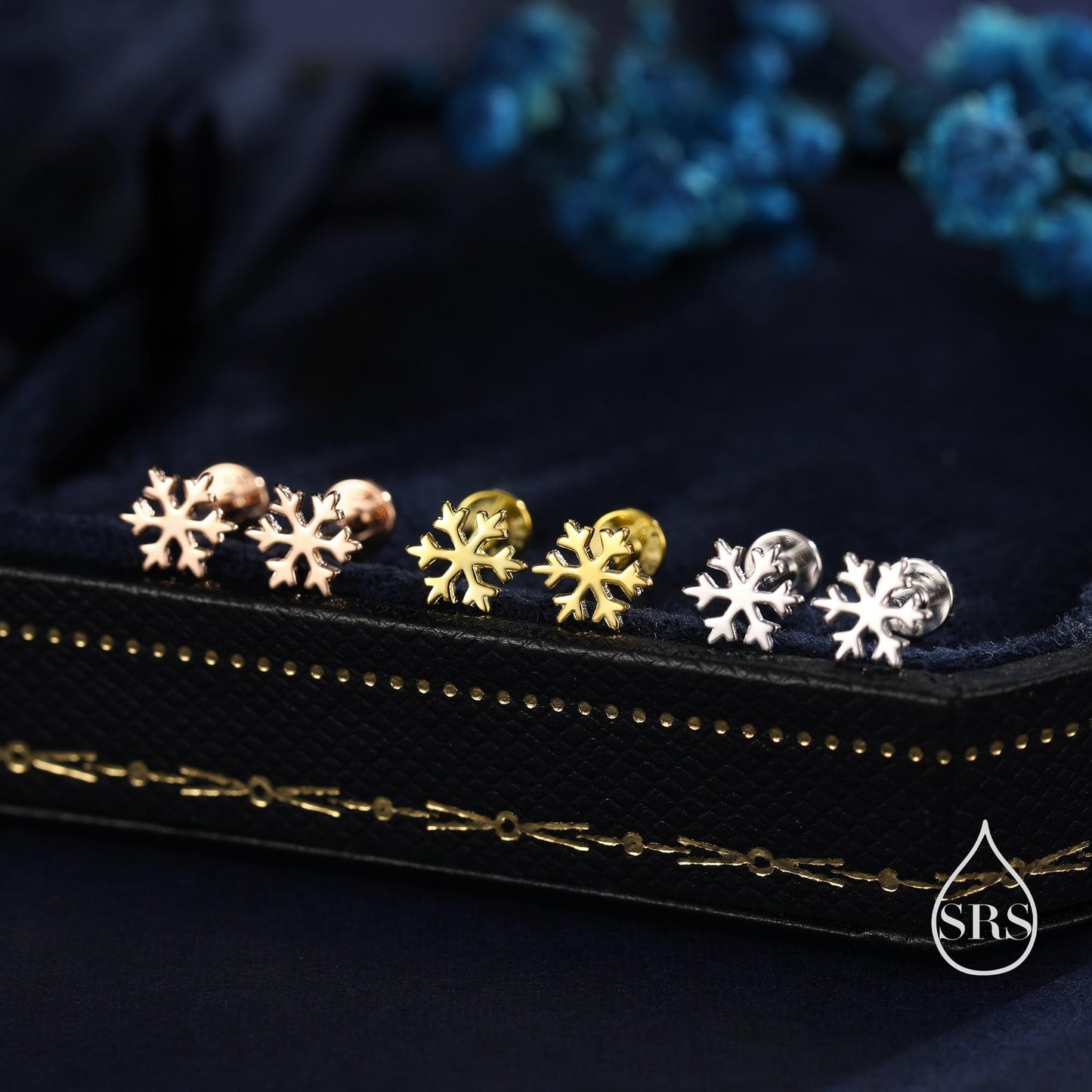 Snowflake Internally Threaded Flat Back / Screw Back Earrings in Sterling Silver, Snow Earrings, in Silver, Gold and Rose Gold Finishes