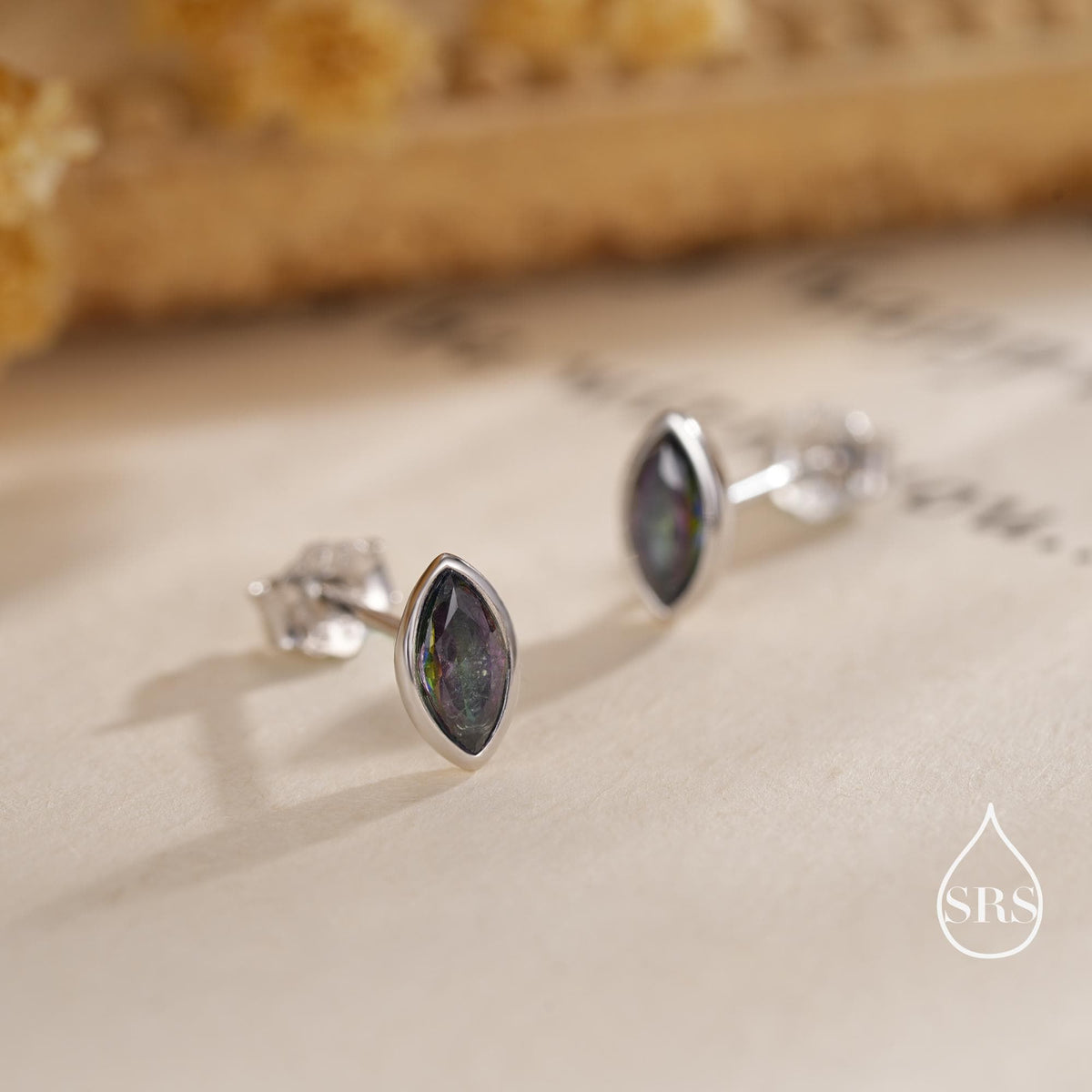 Mystic Topaz Marquise Stud Earrings in Sterling Silver, Gold or Silver, Minimalist Geometric Design