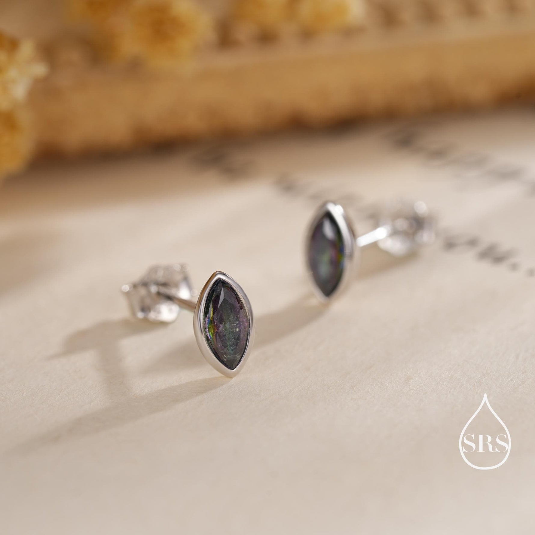 Mystic Topaz Marquise Stud Earrings in Sterling Silver, Gold or Silver, Minimalist Geometric Design