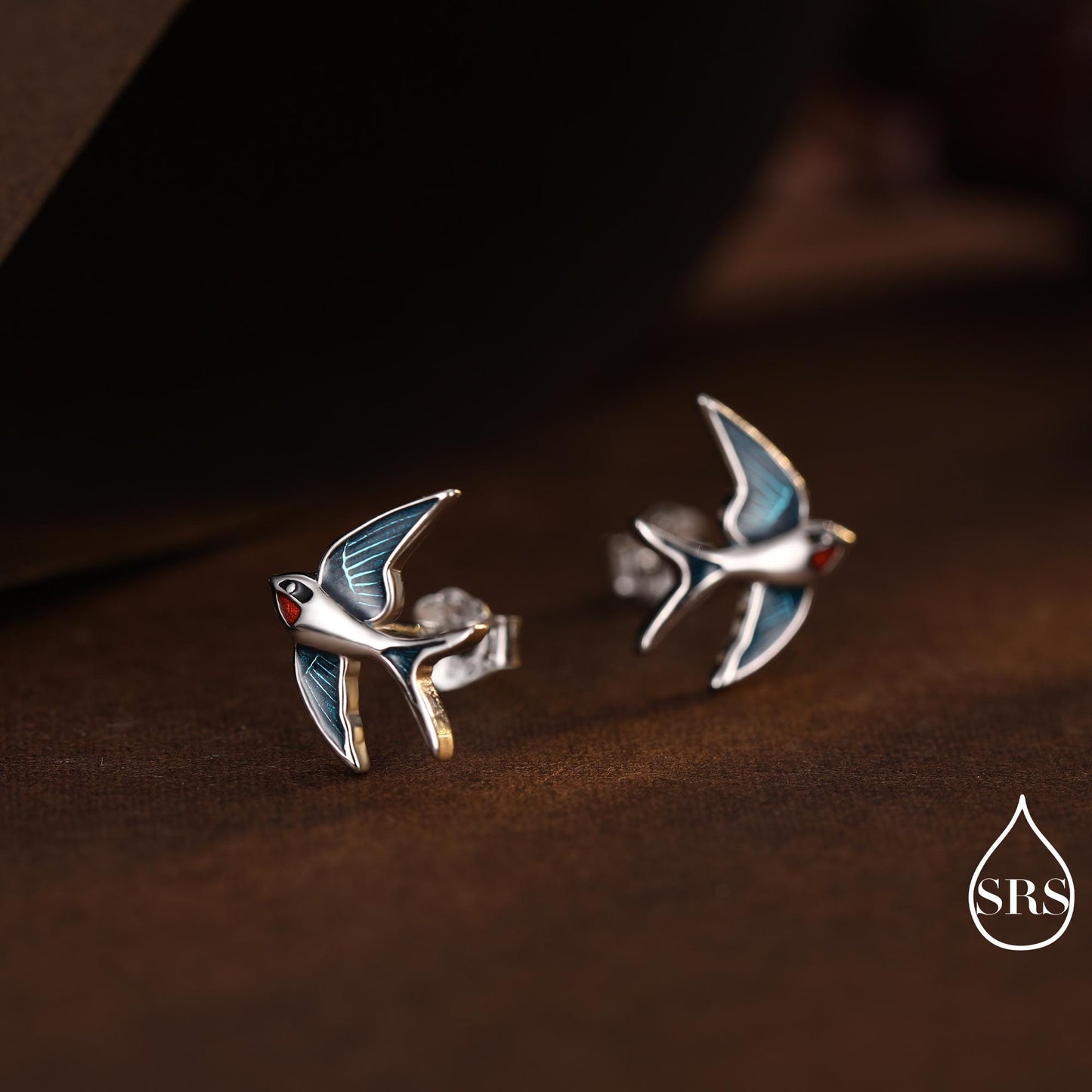 Sterling Silver Barn Swallow Bird Stud Earrings, Enamel Painted Swallow Bird Stud Earrings, Fun and Quirky Colour Bird Stud