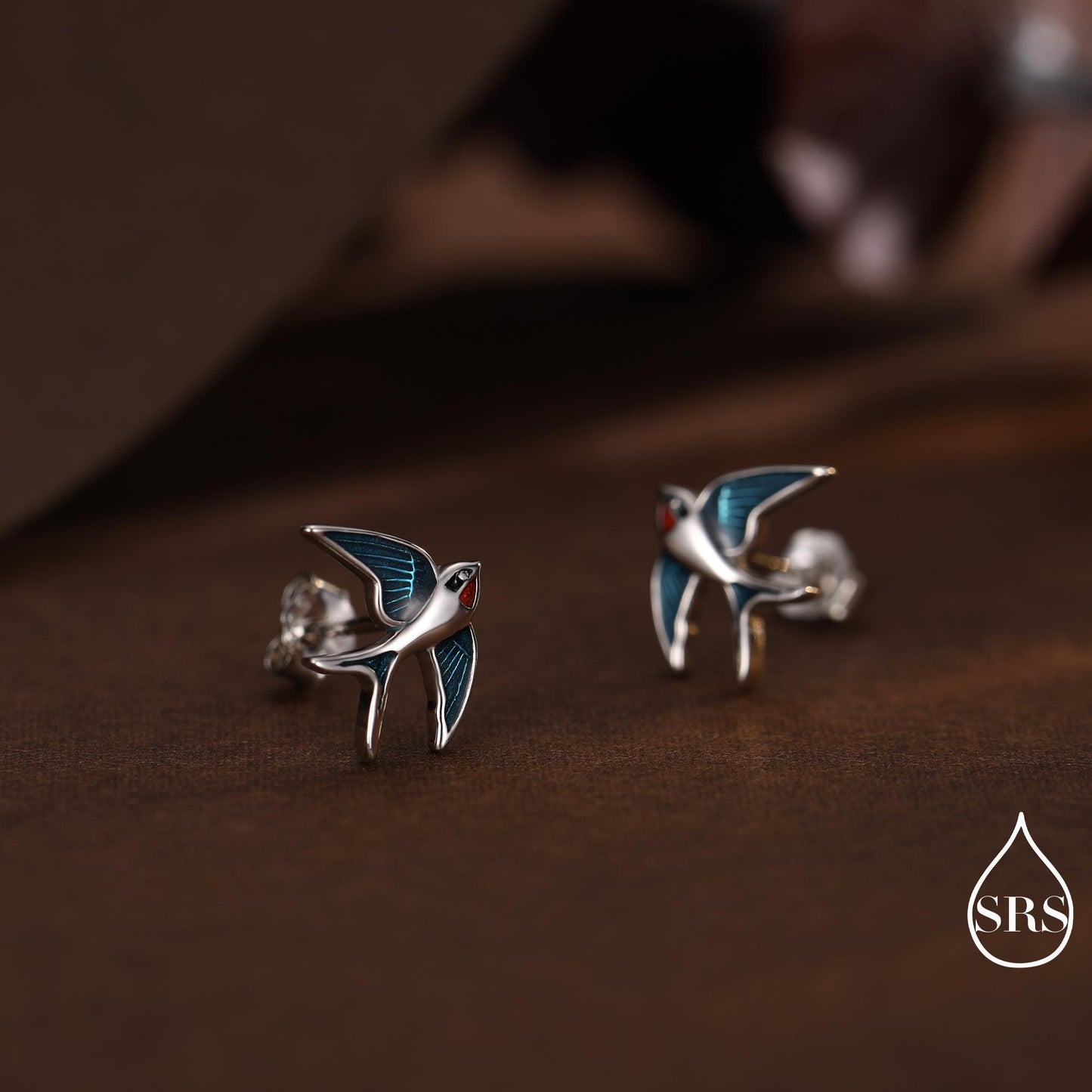 Sterling Silver Barn Swallow Bird Stud Earrings, Enamel Painted Swallow Bird Stud Earrings, Fun and Quirky Colour Bird Stud