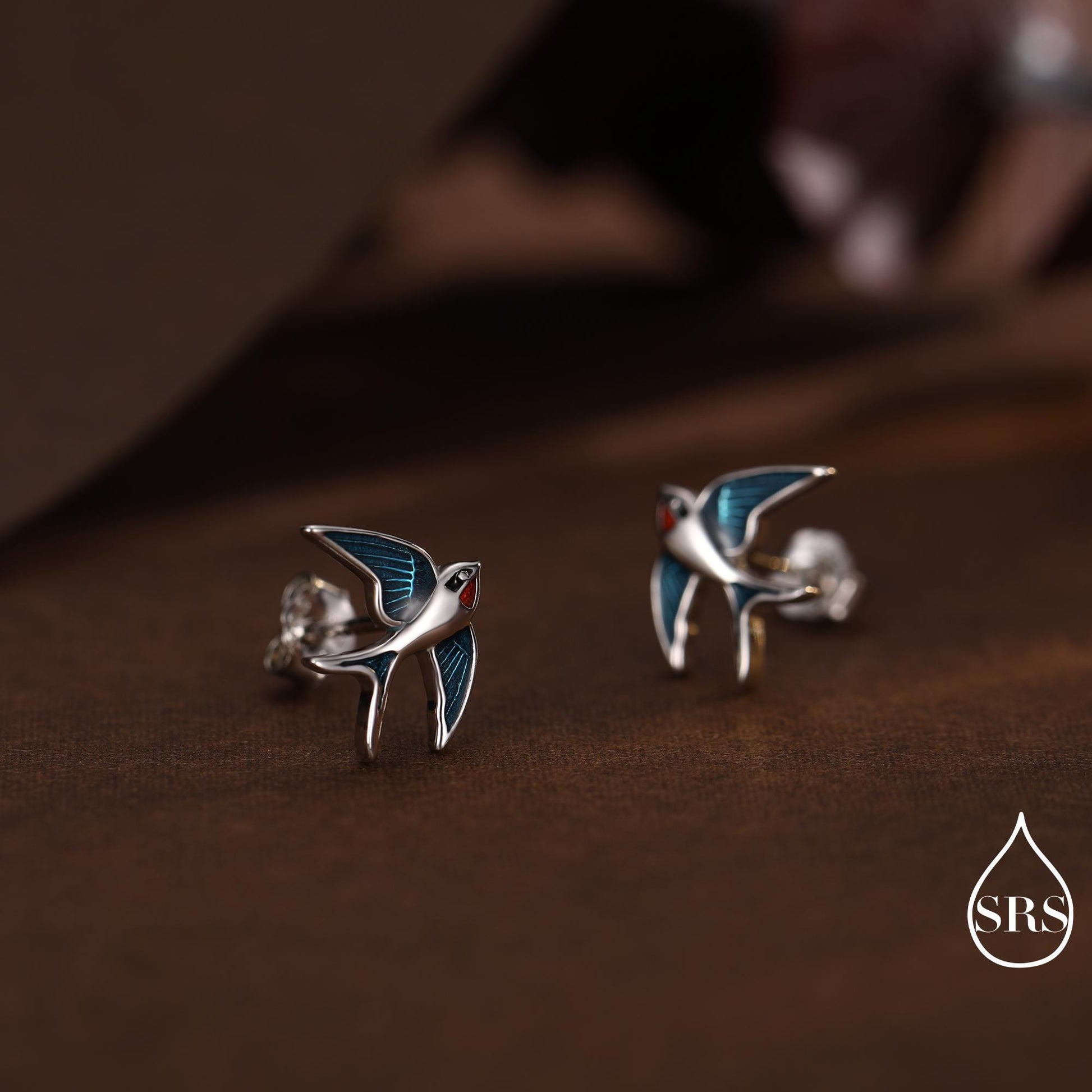 Sterling Silver Barn Swallow Bird Stud Earrings, Enamel Painted Swallow Bird Stud Earrings, Fun and Quirky Colour Bird Stud