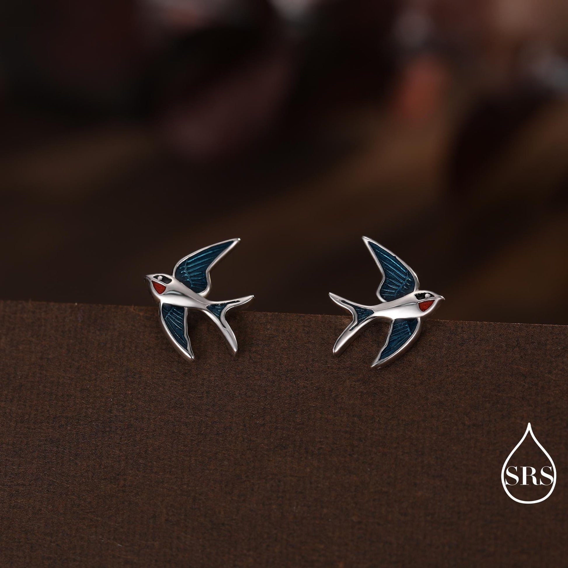 Sterling Silver Barn Swallow Bird Stud Earrings, Enamel Painted Swallow Bird Stud Earrings, Fun and Quirky Colour Bird Stud