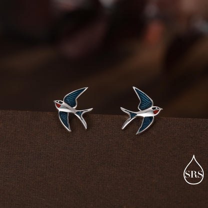 Sterling Silver Barn Swallow Bird Stud Earrings, Enamel Painted Swallow Bird Stud Earrings, Fun and Quirky Colour Bird Stud