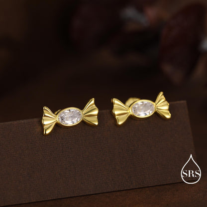 CZ Candy Stud Earrings in Sterling Silver, Silver or Gold Finish, Small Candy Sweet Earrings