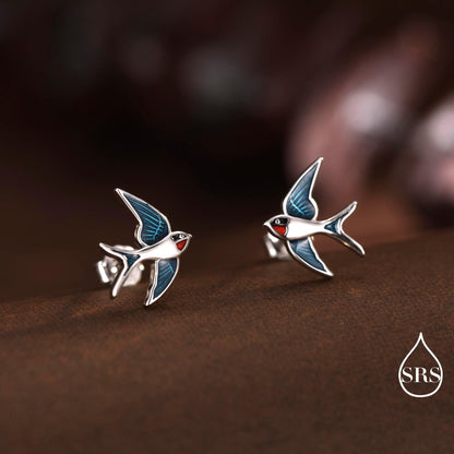 Sterling Silver Barn Swallow Bird Stud Earrings, Enamel Painted Swallow Bird Stud Earrings, Fun and Quirky Colour Bird Stud