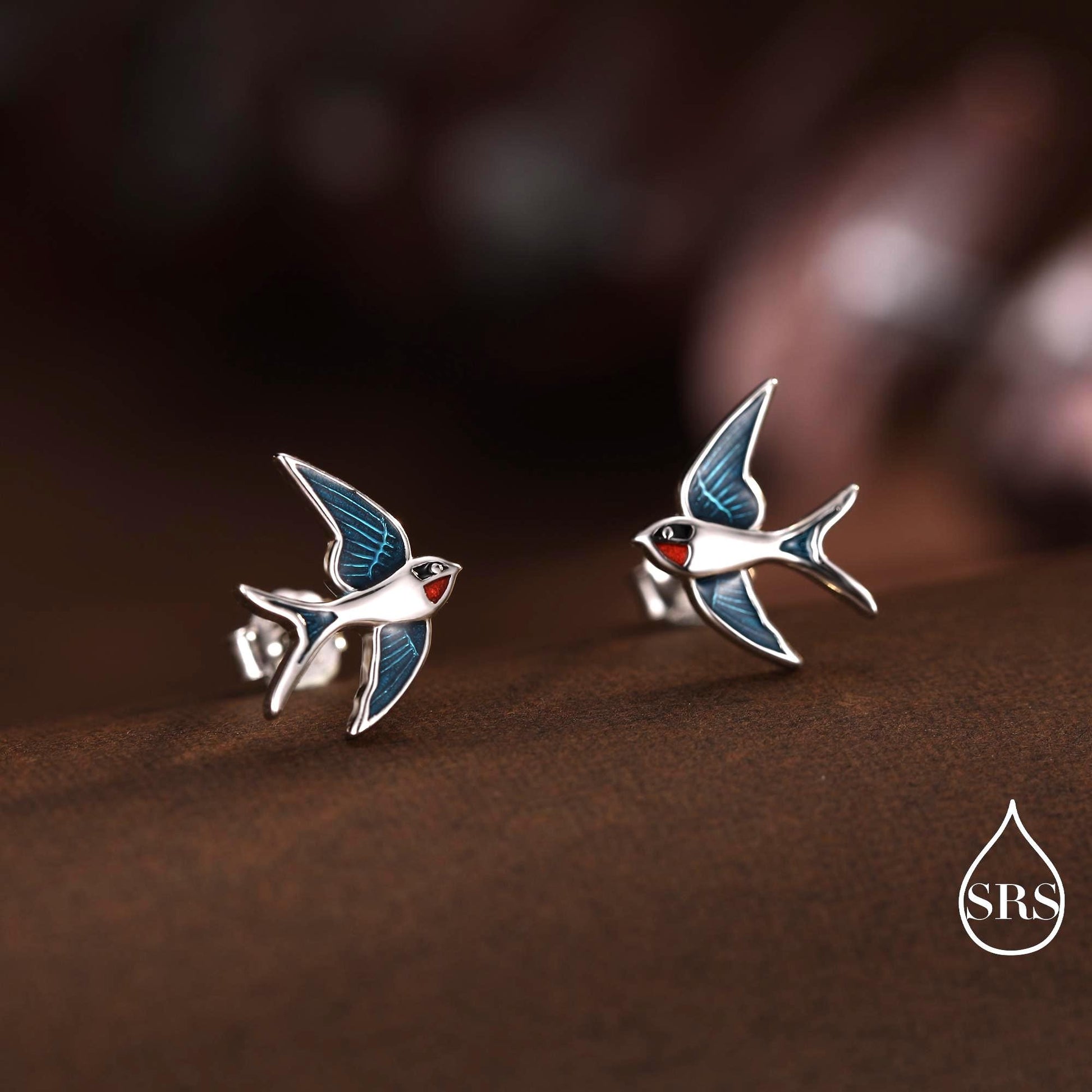 Sterling Silver Barn Swallow Bird Stud Earrings, Enamel Painted Swallow Bird Stud Earrings, Fun and Quirky Colour Bird Stud
