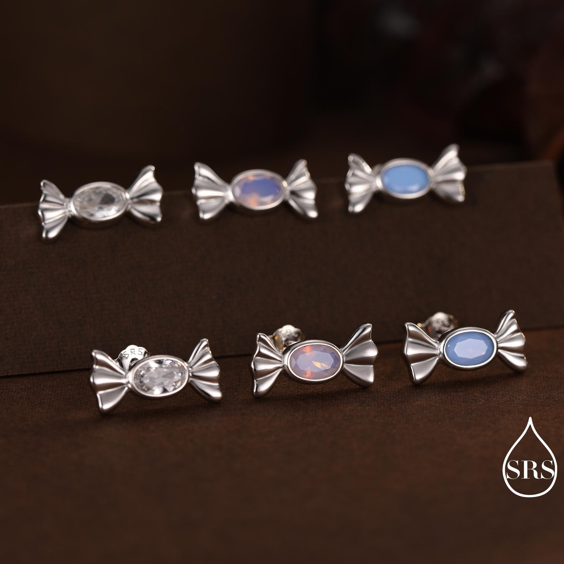 Opal Blue CZ Candy Stud Earrings in Sterling Silver, Silver or Gold Finish, Small Candy Sweet Earrings