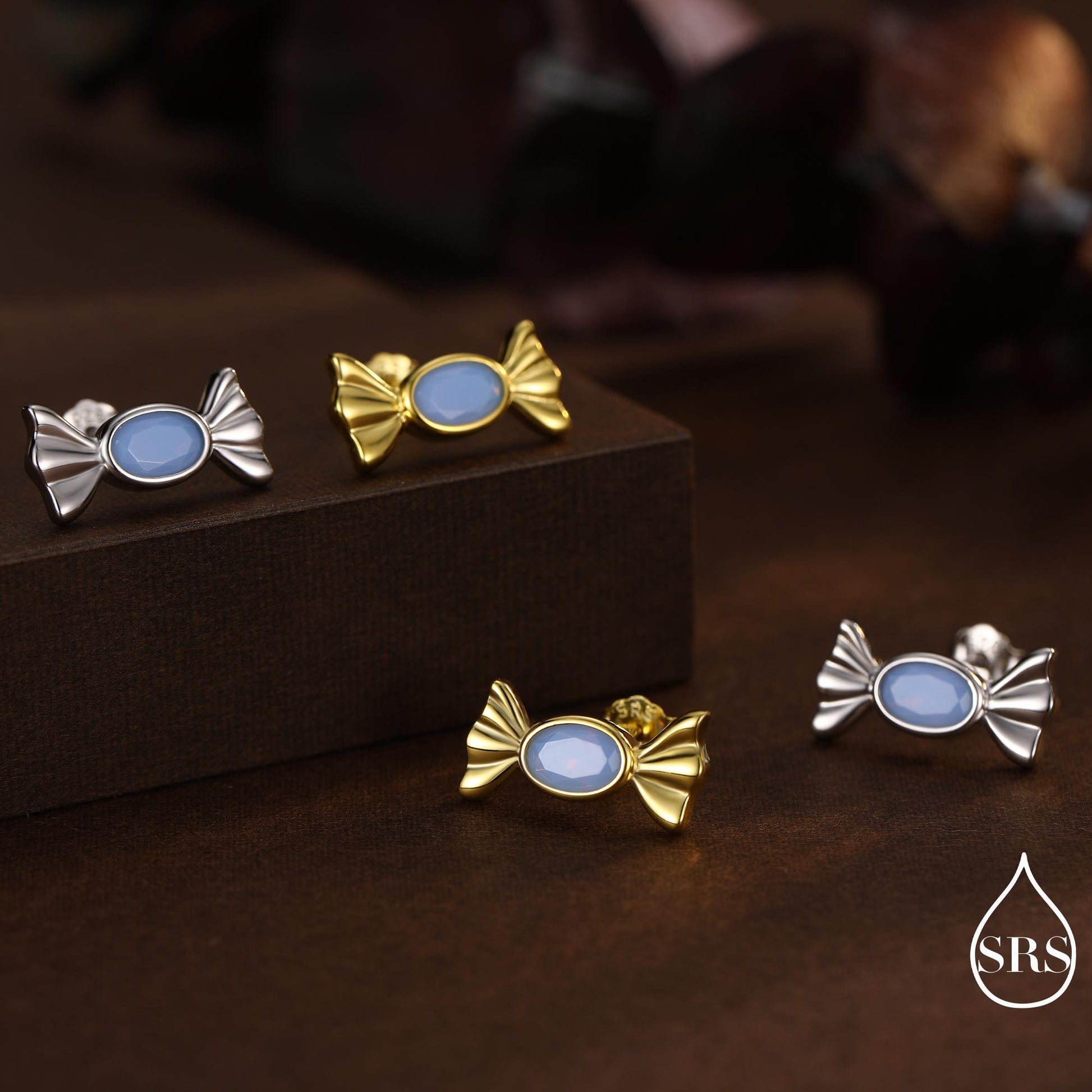 Opal Blue CZ Candy Stud Earrings in Sterling Silver, Silver or Gold Finish, Small Candy Sweet Earrings