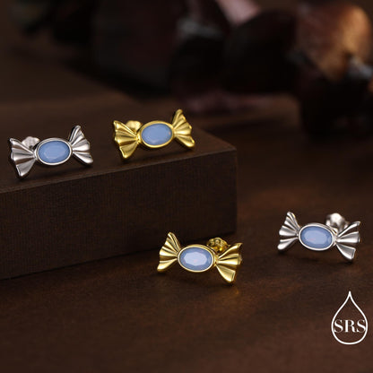 Opal Blue CZ Candy Stud Earrings in Sterling Silver, Silver or Gold Finish, Small Candy Sweet Earrings