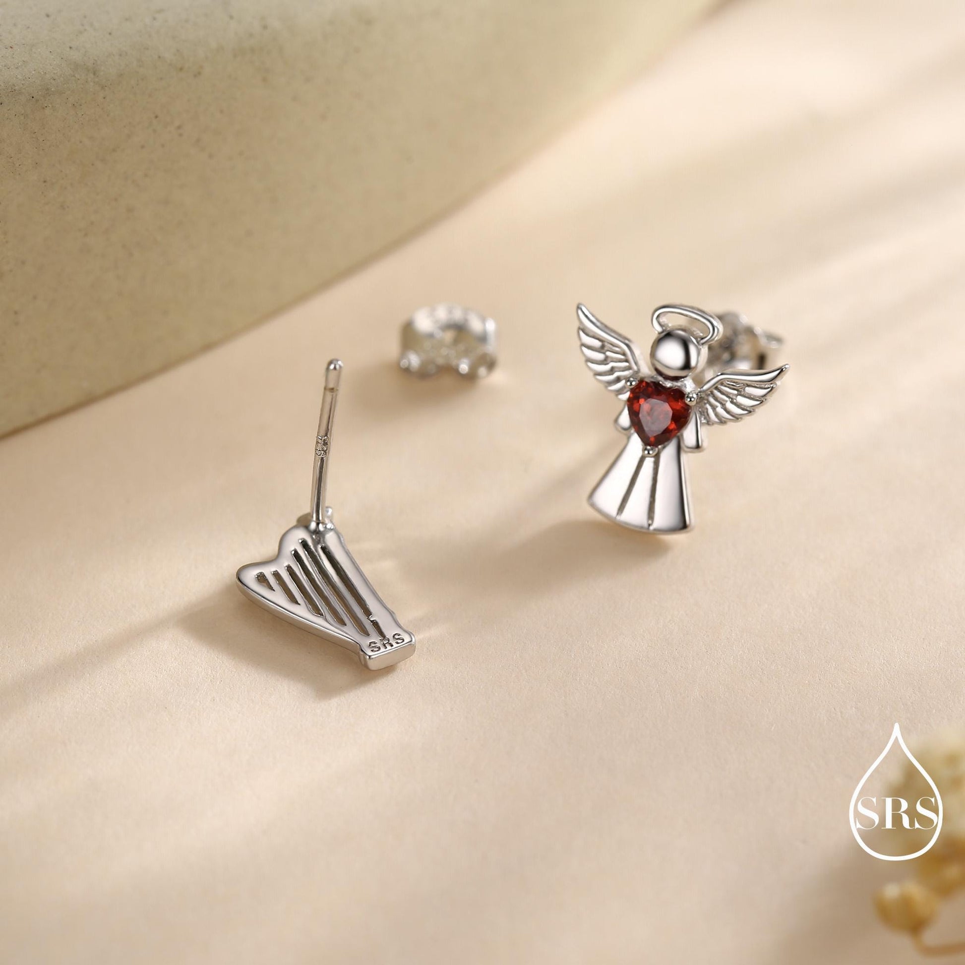 Mismatched Angel and Harp Stud Earrings in Sterling Silver, Available in 3 Finishes - Silver, Gold and Rose Gold, Silver Angel Earrings