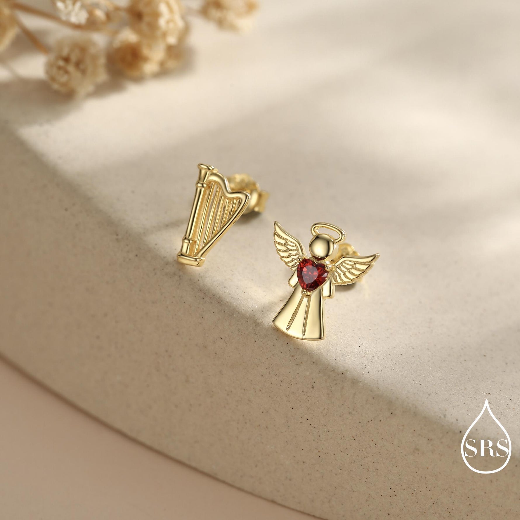 Mismatched Angel and Harp Stud Earrings in Sterling Silver, Available in 3 Finishes - Silver, Gold and Rose Gold, Silver Angel Earrings