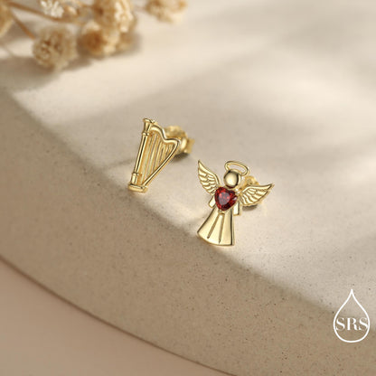 Mismatched Angel and Harp Stud Earrings in Sterling Silver, Available in 3 Finishes - Silver, Gold and Rose Gold, Silver Angel Earrings