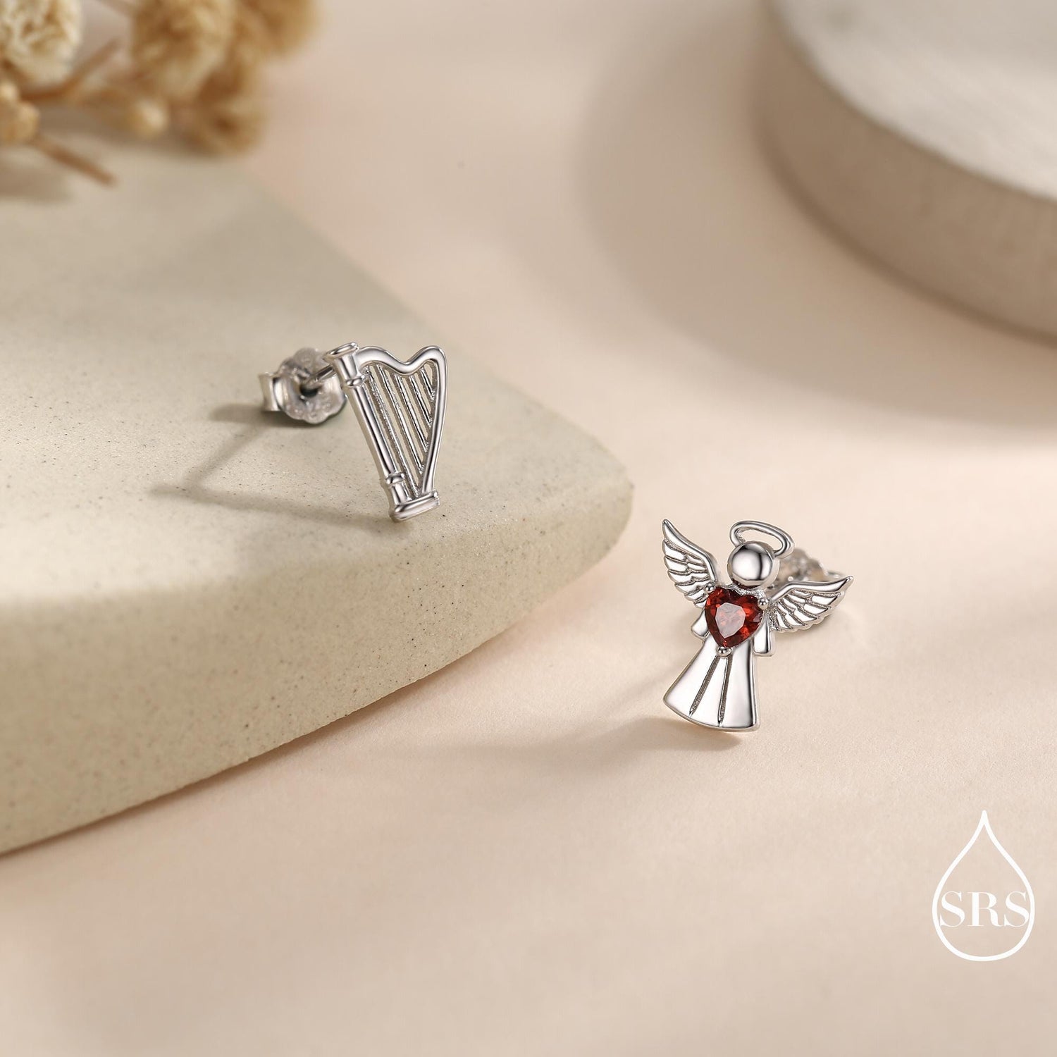 Mismatched Angel and Harp Stud Earrings in Sterling Silver, Available in 3 Finishes - Silver, Gold and Rose Gold, Silver Angel Earrings