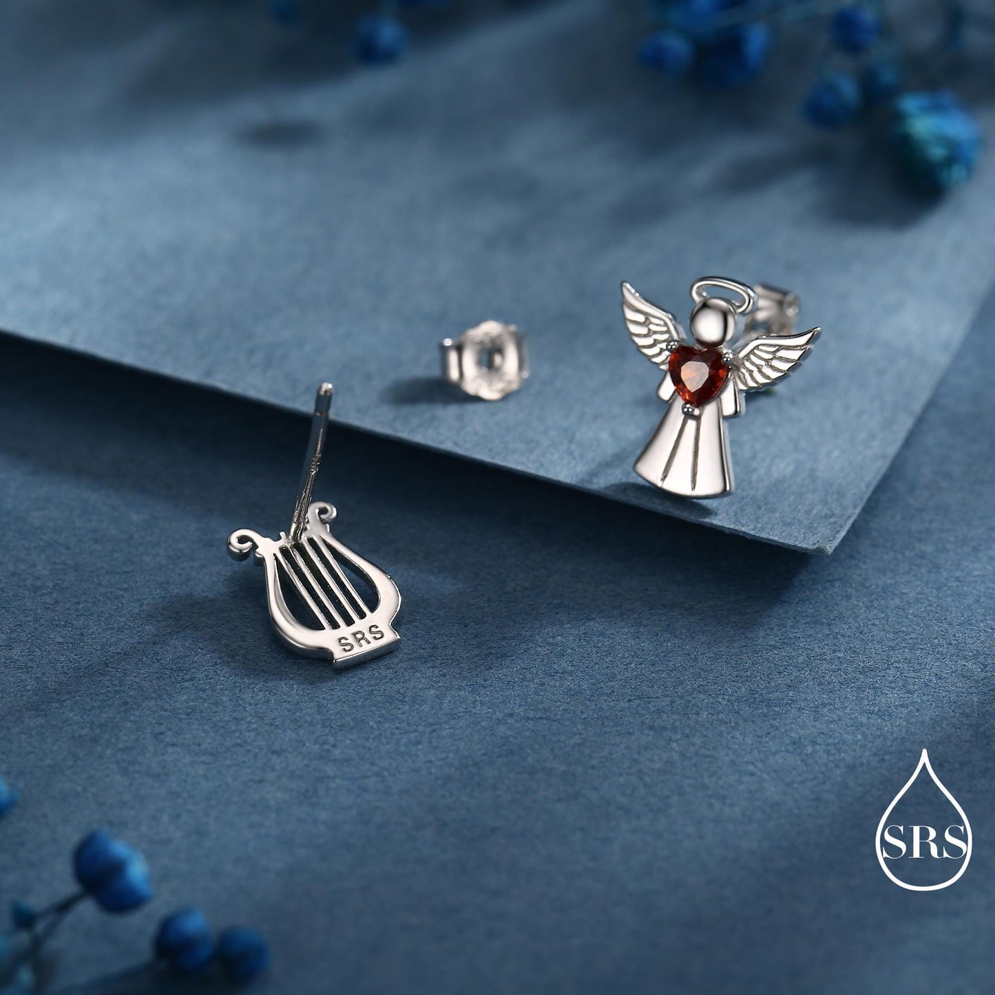 Mismatched Angel and Lyre Stud Earrings in Sterling Silver, Available in 3 Finishes - Silver, Gold and Rose Gold, Silver Angel Earrings