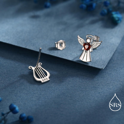 Mismatched Angel and Lyre Stud Earrings in Sterling Silver, Available in 3 Finishes - Silver, Gold and Rose Gold, Silver Angel Earrings