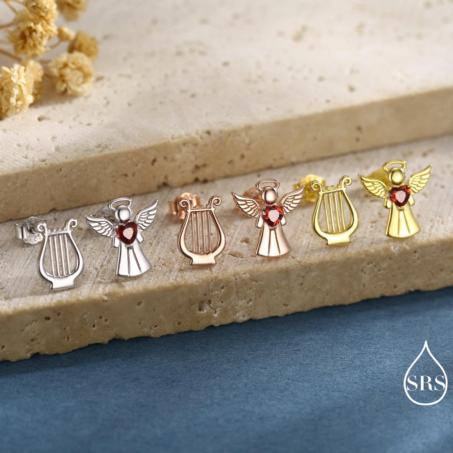 Mismatched Angel and Lyre Stud Earrings in Sterling Silver, Available in 3 Finishes - Silver, Gold and Rose Gold, Silver Angel Earrings