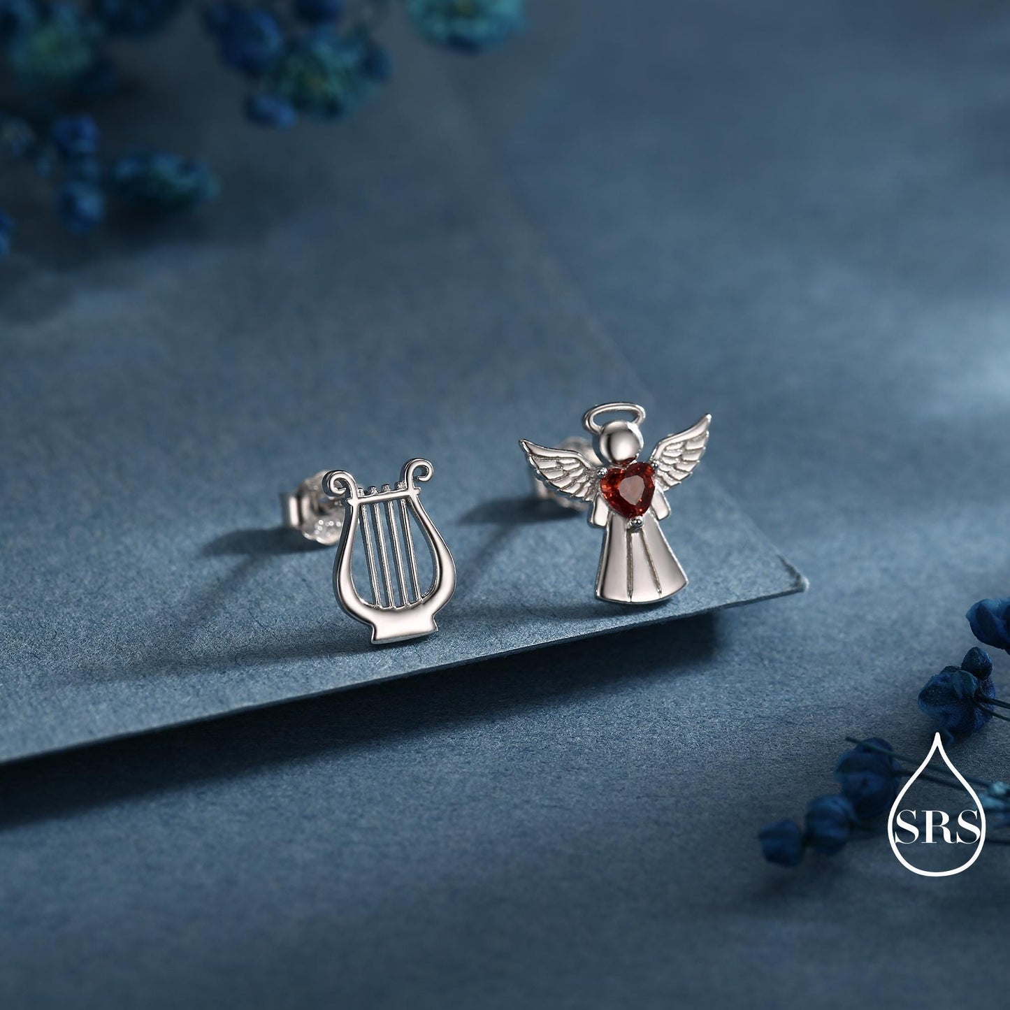 Mismatched Angel and Lyre Stud Earrings in Sterling Silver, Available in 3 Finishes - Silver, Gold and Rose Gold, Silver Angel Earrings