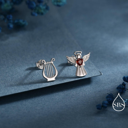Mismatched Angel and Lyre Stud Earrings in Sterling Silver, Available in 3 Finishes - Silver, Gold and Rose Gold, Silver Angel Earrings