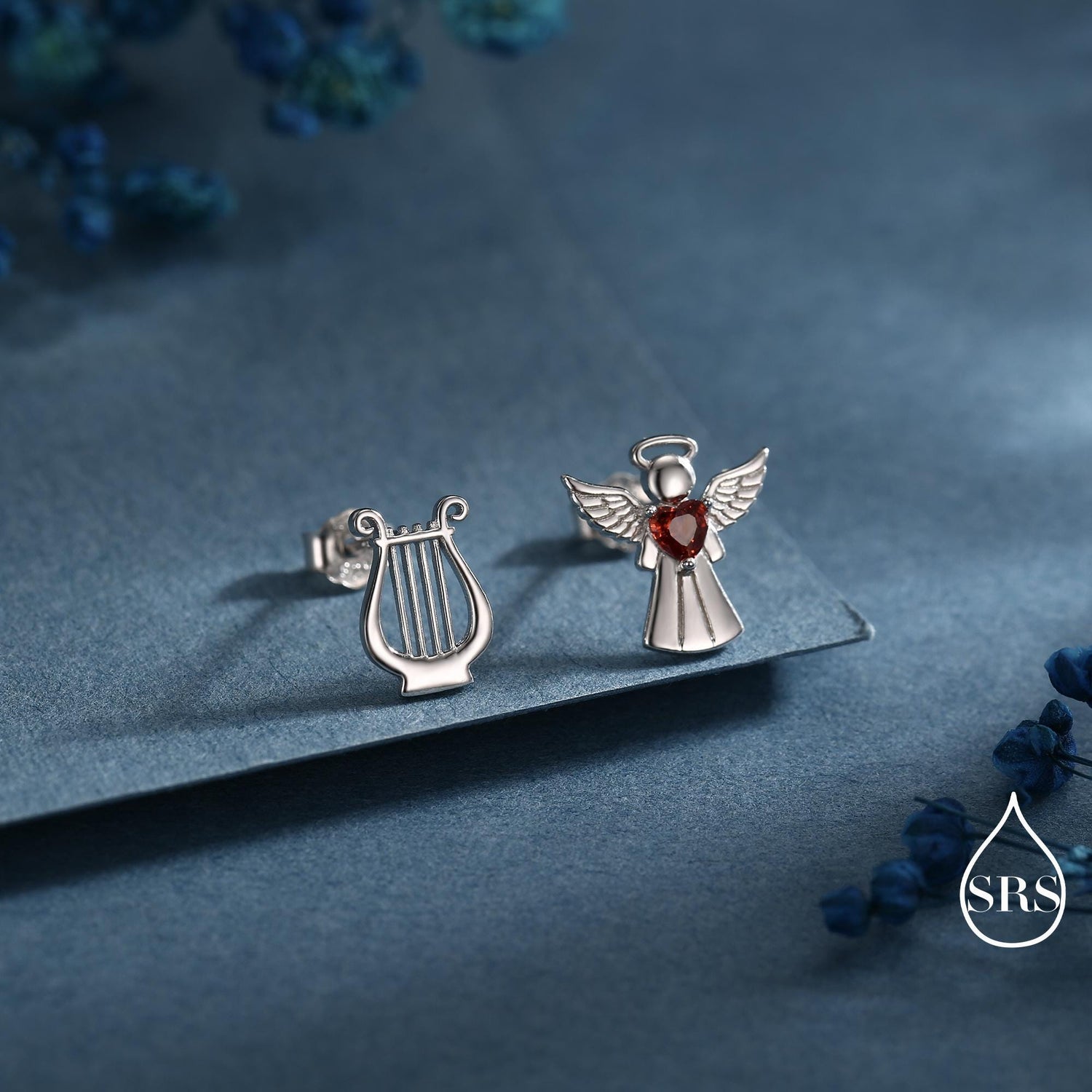 Mismatched Angel and Lyre Stud Earrings in Sterling Silver, Available in 3 Finishes - Silver, Gold and Rose Gold, Silver Angel Earrings