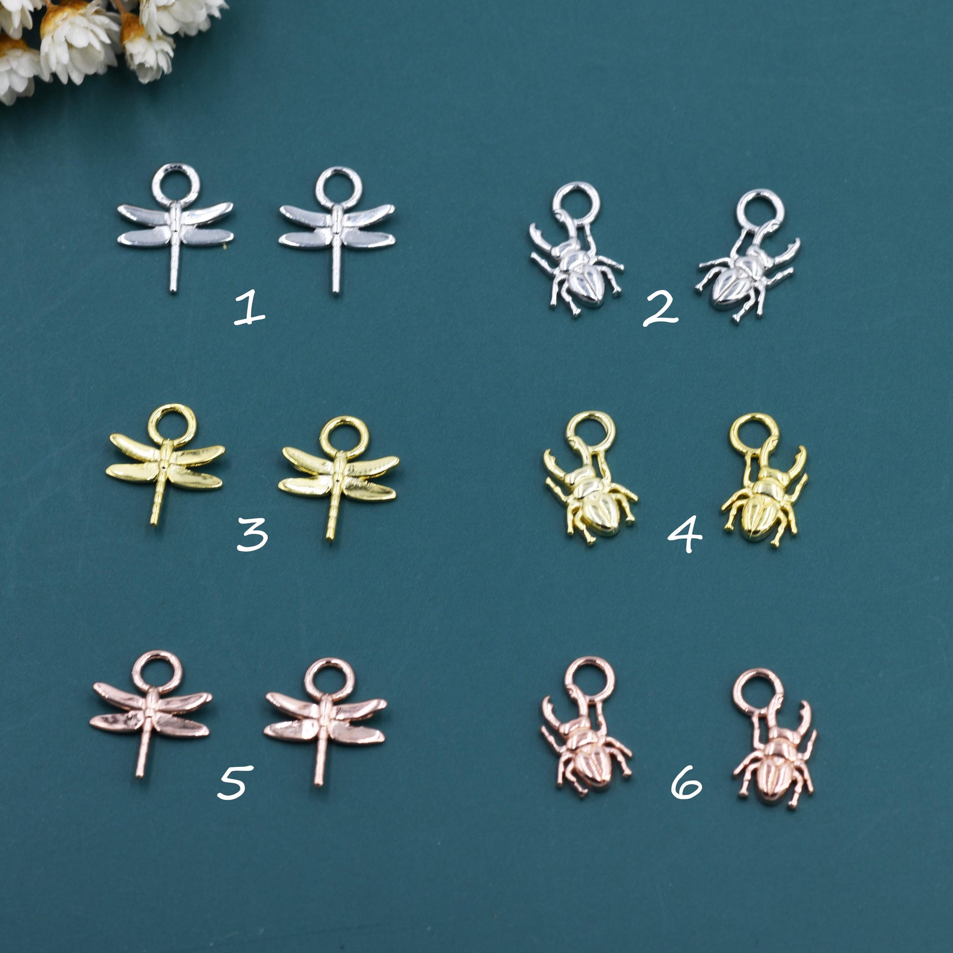 Dragonfly and Stag Beetle Charms for Huggie Hoops in Sterling Silver, Sold as a Pair, Insect Charms for Hoops