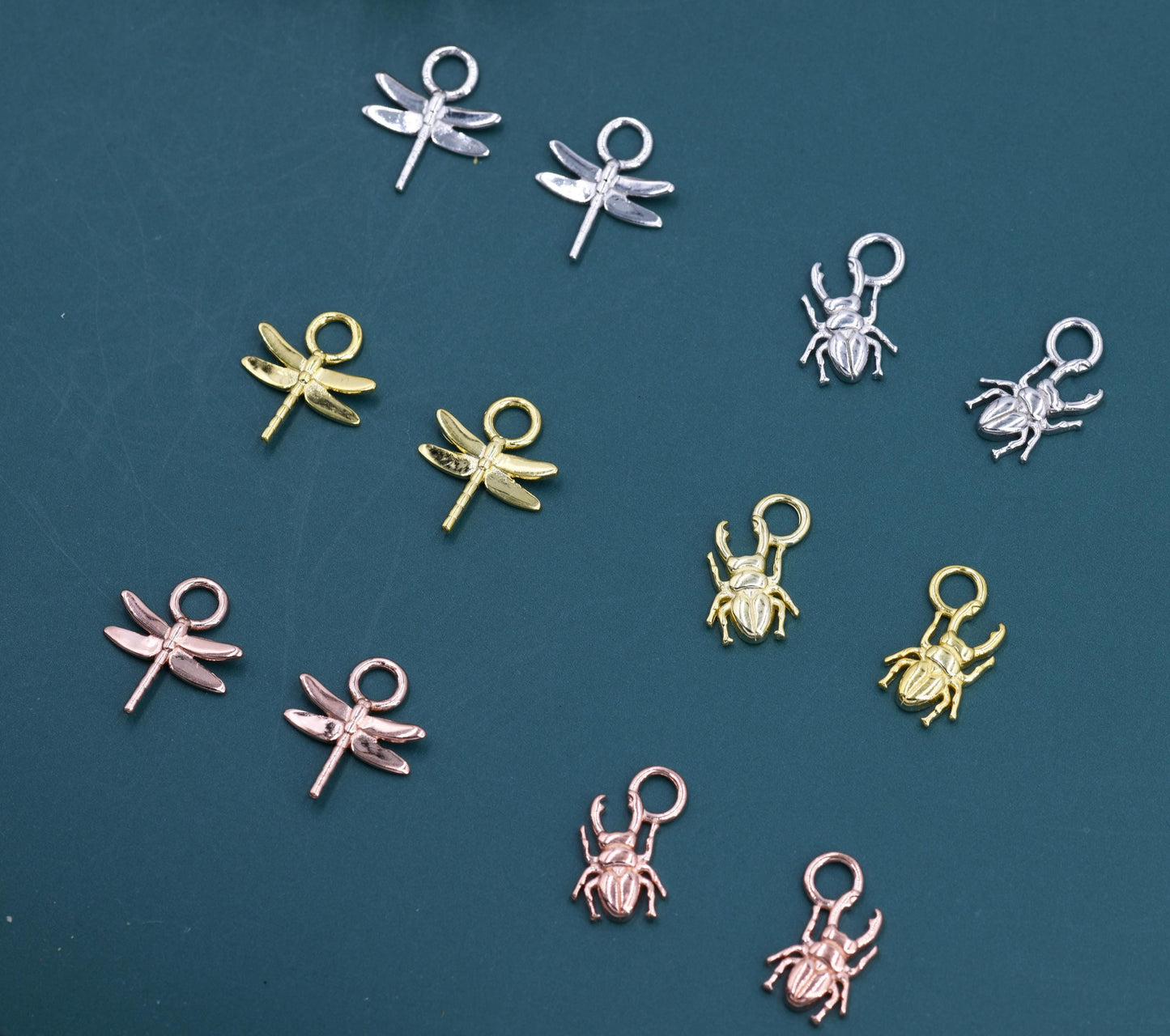 Dragonfly and Stag Beetle Charms for Huggie Hoops in Sterling Silver, Sold as a Pair, Insect Charms for Hoops