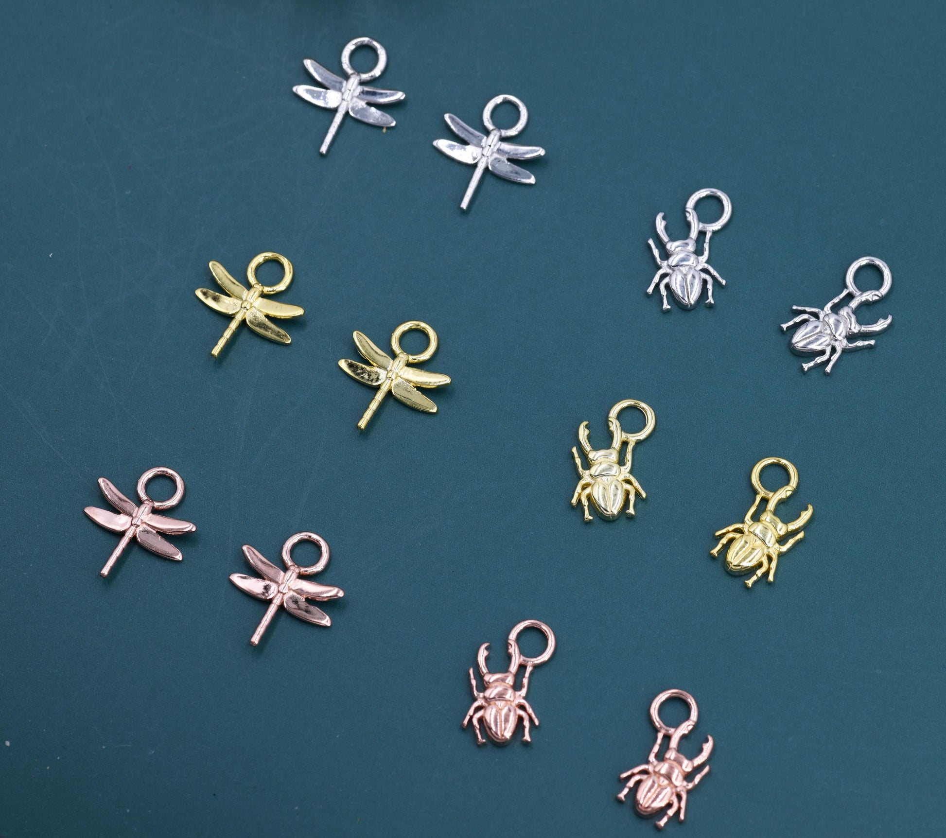 Dragonfly and Stag Beetle Charms for Huggie Hoops in Sterling Silver, Sold as a Pair, Insect Charms for Hoops