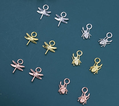 Dragonfly and Stag Beetle Charms for Huggie Hoops in Sterling Silver, Sold as a Pair, Insect Charms for Hoops