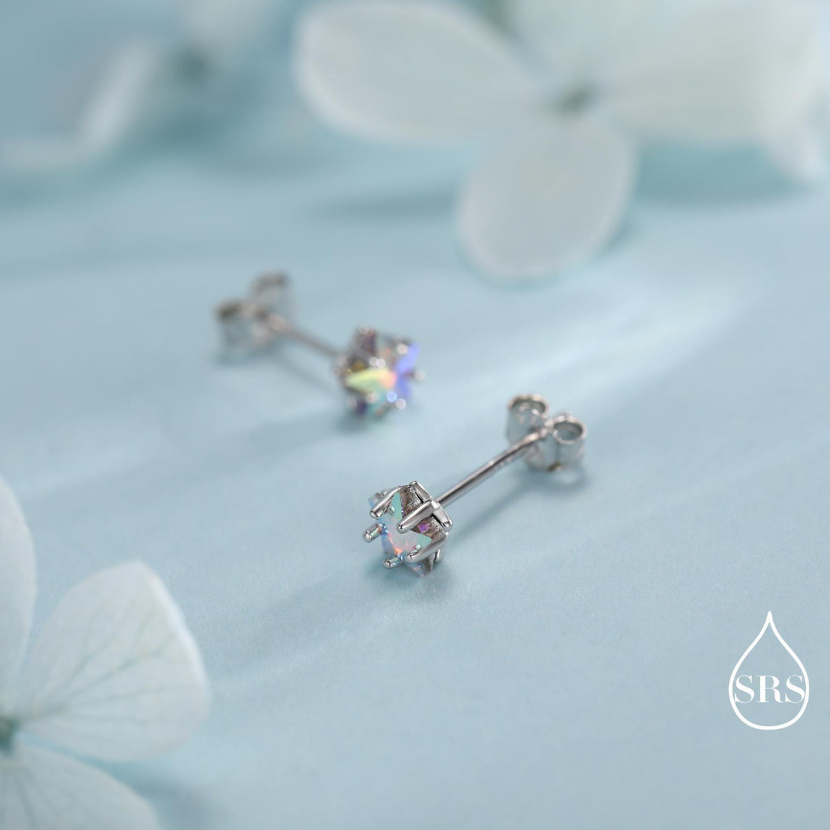 Aurora AB Crystal CZ Star Stud Earrings in Sterling Silver, 5mm Colour Changing Crystals, Star Earrings, Crystal Star Stud