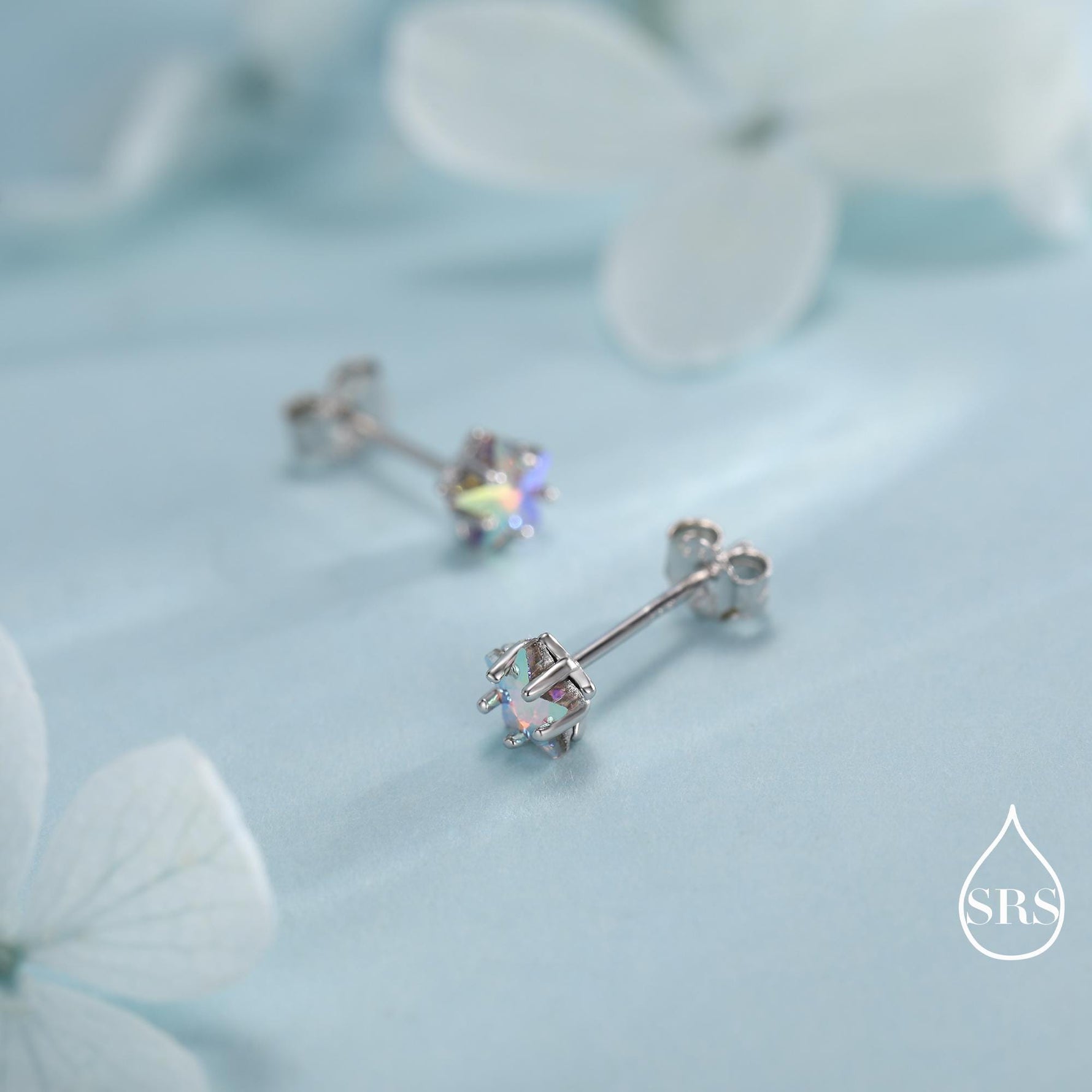 Aurora AB Crystal CZ Star Stud Earrings in Sterling Silver, 5mm Colour Changing Crystals, Star Earrings, Crystal Star Stud