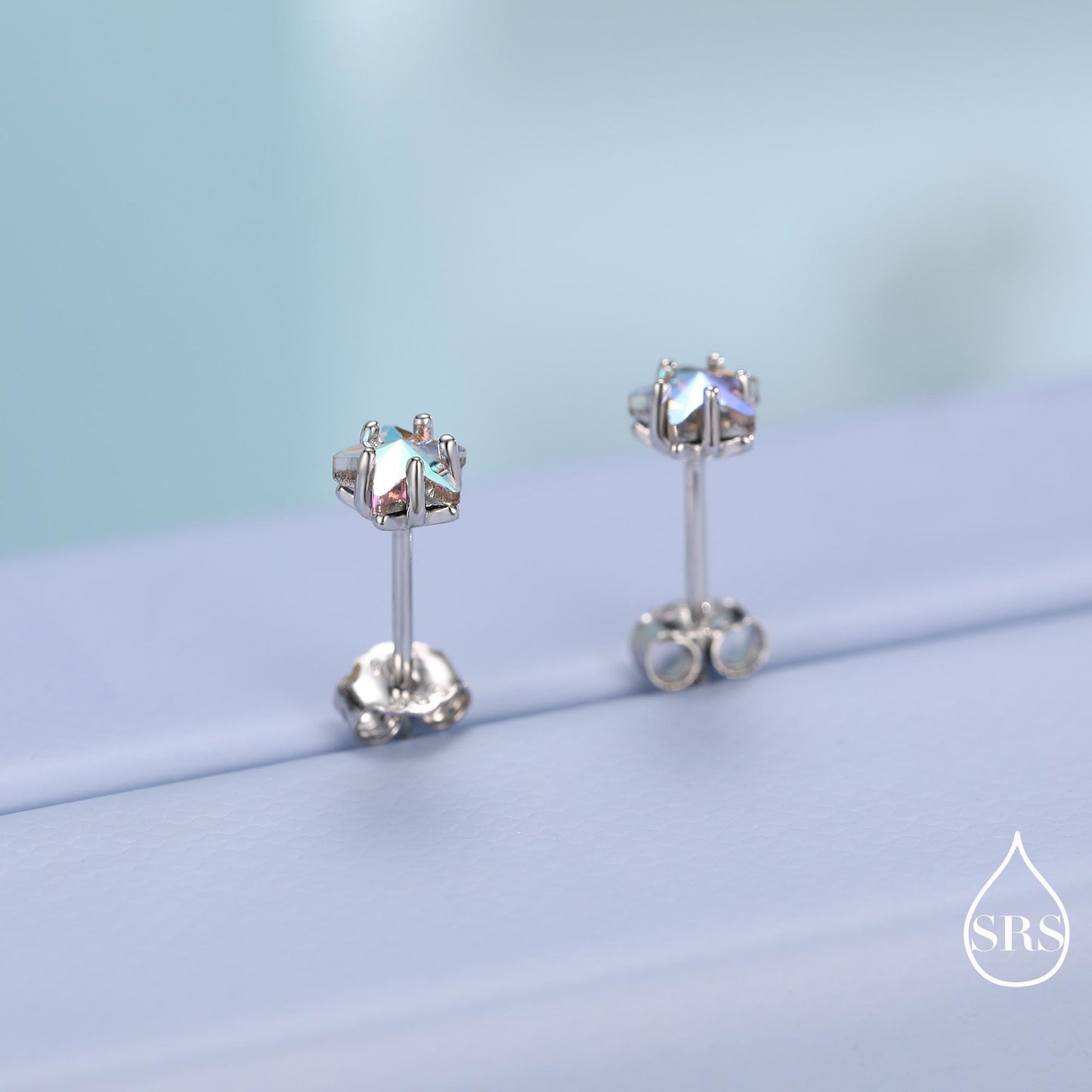 Aurora AB Crystal CZ Star Stud Earrings in Sterling Silver, 5mm Colour Changing Crystals, Star Earrings, Crystal Star Stud
