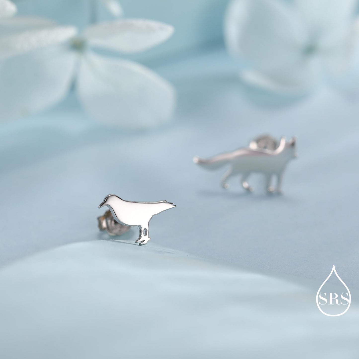 Mismatched Fox and Crow Stud Earrings in Sterling Silver, Cute Fun Quirky, Silver or Gold Finish, Gift for Her, Animal Lover