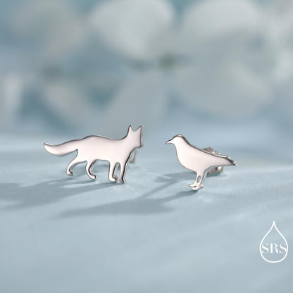 Mismatched Fox and Crow Stud Earrings in Sterling Silver, Cute Fun Quirky, Silver or Gold Finish, Gift for Her, Animal Lover