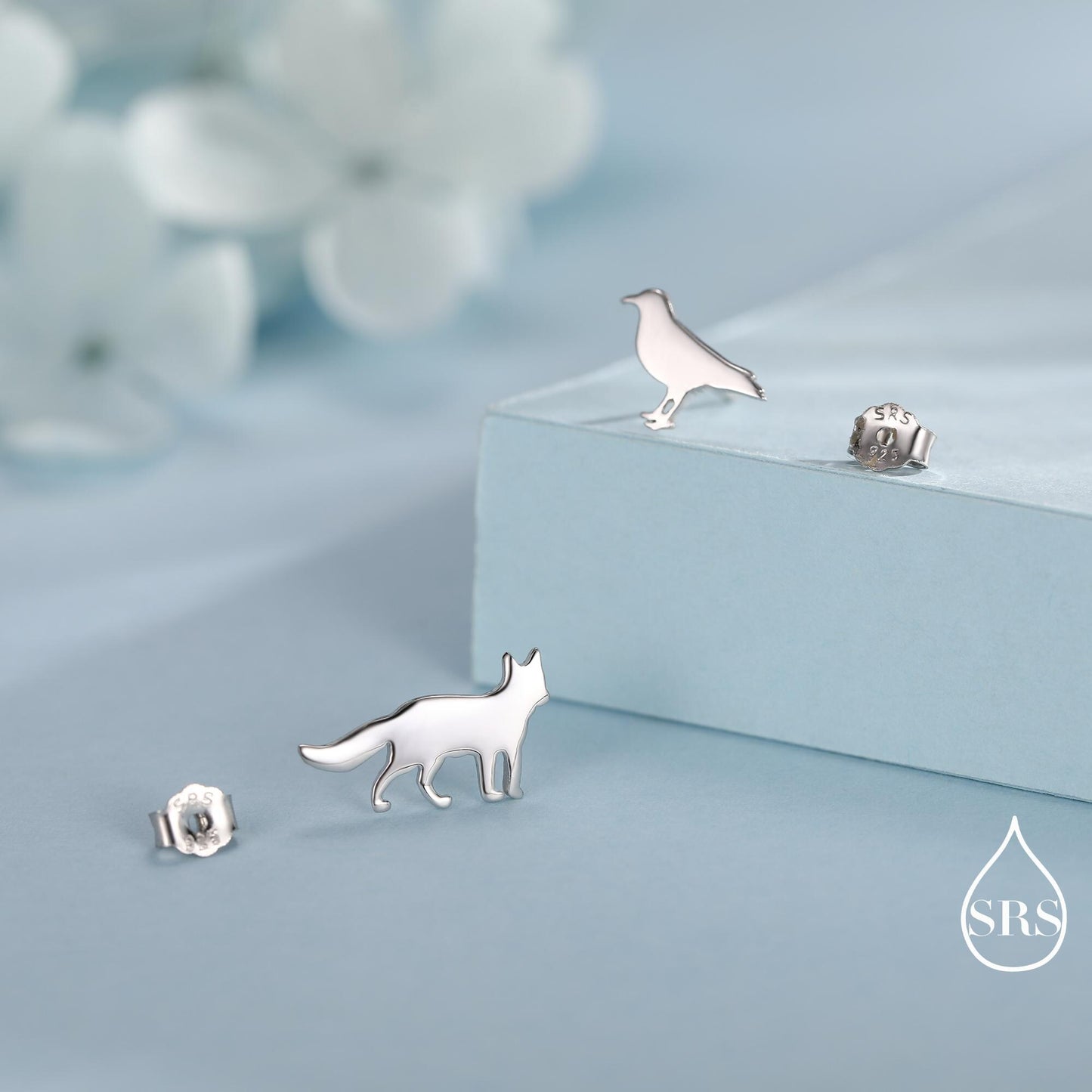 Mismatched Fox and Crow Stud Earrings in Sterling Silver, Cute Fun Quirky, Silver or Gold Finish, Gift for Her, Animal Lover