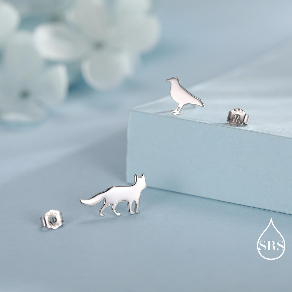 Mismatched Fox and Crow Stud Earrings in Sterling Silver, Cute Fun Quirky, Silver or Gold Finish, Gift for Her, Animal Lover