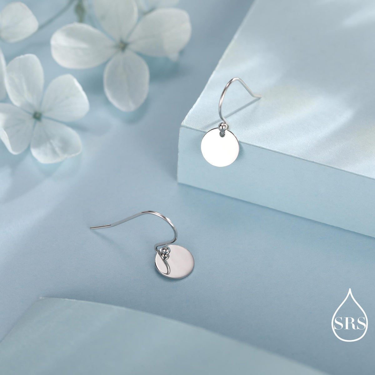 Sterling Silver Disks Drop Hook Earrings, Round Disk Geometric Earrings, Gold or Silver or Rose Gold, Dainty and Delicate