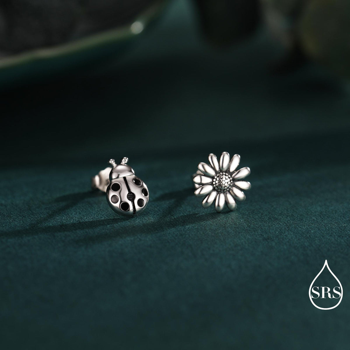 Mismatched Ladybird and Daisy Flower Stud Earrings in Sterling Silver, Asymmetric Silver ladybird Earrings, Nature Inspired Earrings