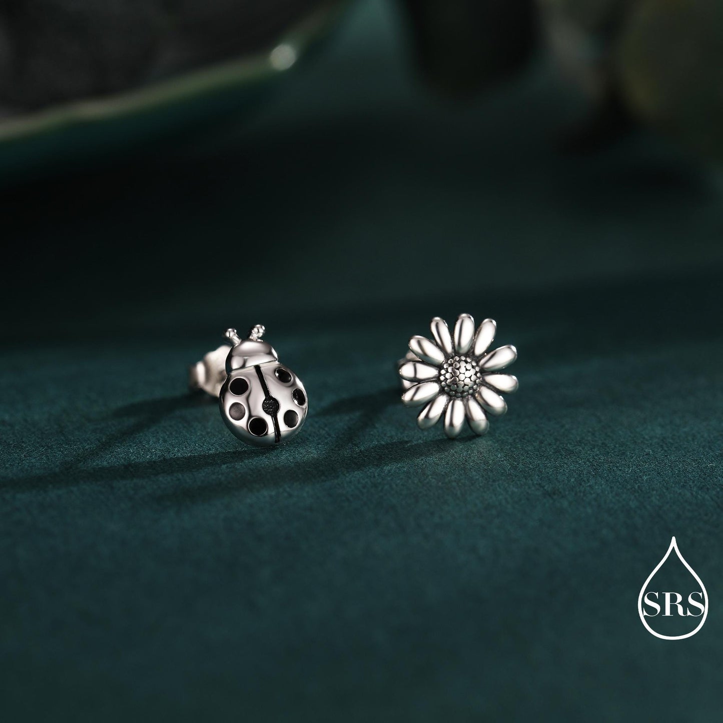 Mismatched Ladybird and Daisy Flower Stud Earrings in Sterling Silver, Asymmetric Silver ladybird Earrings, Nature Inspired Earrings