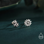Mismatched Ladybird and Daisy Flower Stud Earrings in Sterling Silver, Asymmetric Silver ladybird Earrings, Nature Inspired Earrings
