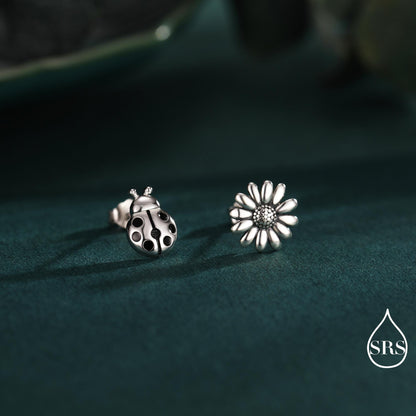 Mismatched Ladybird and Daisy Flower Stud Earrings in Sterling Silver, Asymmetric Silver ladybird Earrings, Nature Inspired Earrings