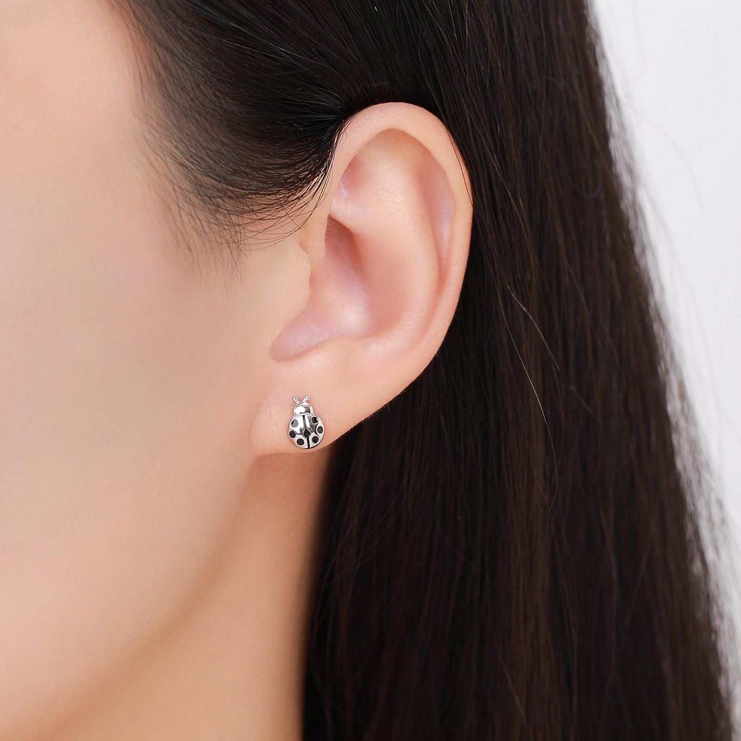 Mismatched Ladybird and Daisy Flower Stud Earrings in Sterling Silver, Asymmetric Silver ladybird Earrings, Nature Inspired Earrings