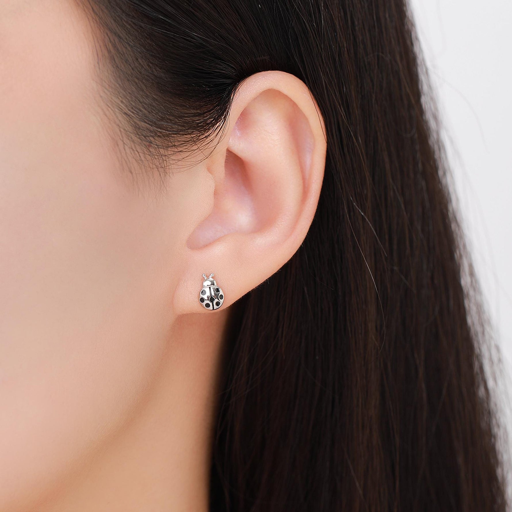 Mismatched Ladybird and Daisy Flower Stud Earrings in Sterling Silver, Asymmetric Silver ladybird Earrings, Nature Inspired Earrings