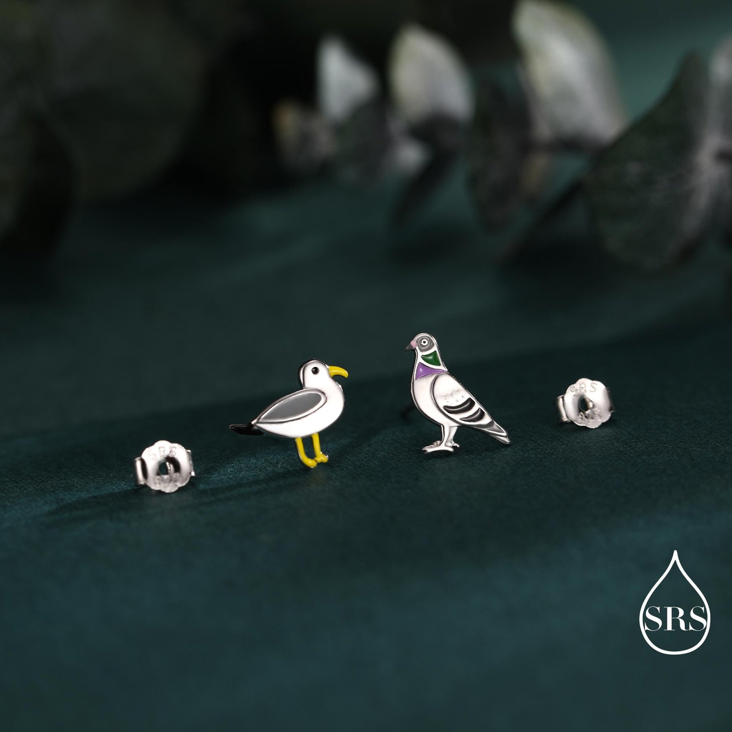 Quirky Mismatched Seagull and Pigeon Stud Earrings in Sterling Silver, Enamel Coated Pigeon Bird Earrings, Nature Inspired Animal Earrings