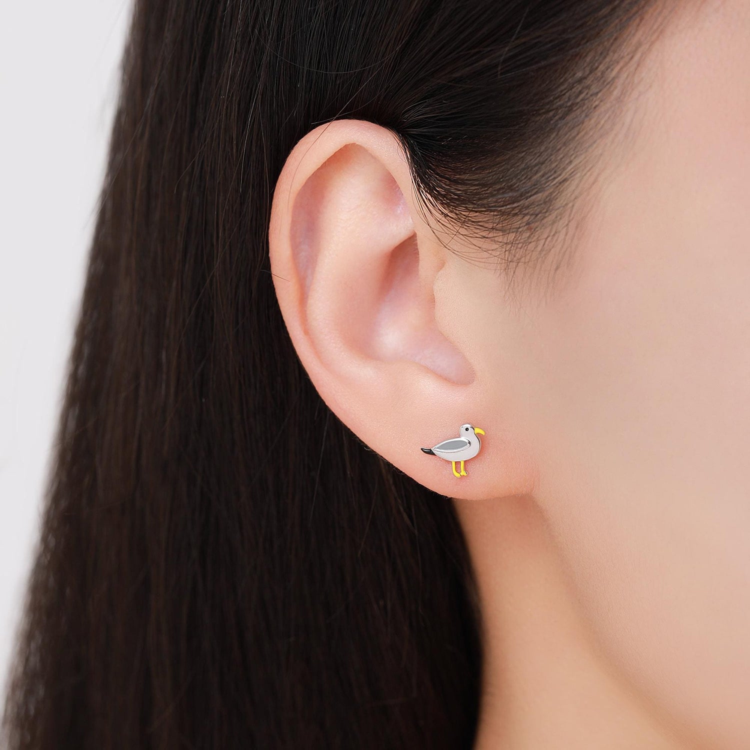Quirky Mismatched Seagull and Pigeon Stud Earrings in Sterling Silver, Enamel Coated Pigeon Bird Earrings, Nature Inspired Animal Earrings