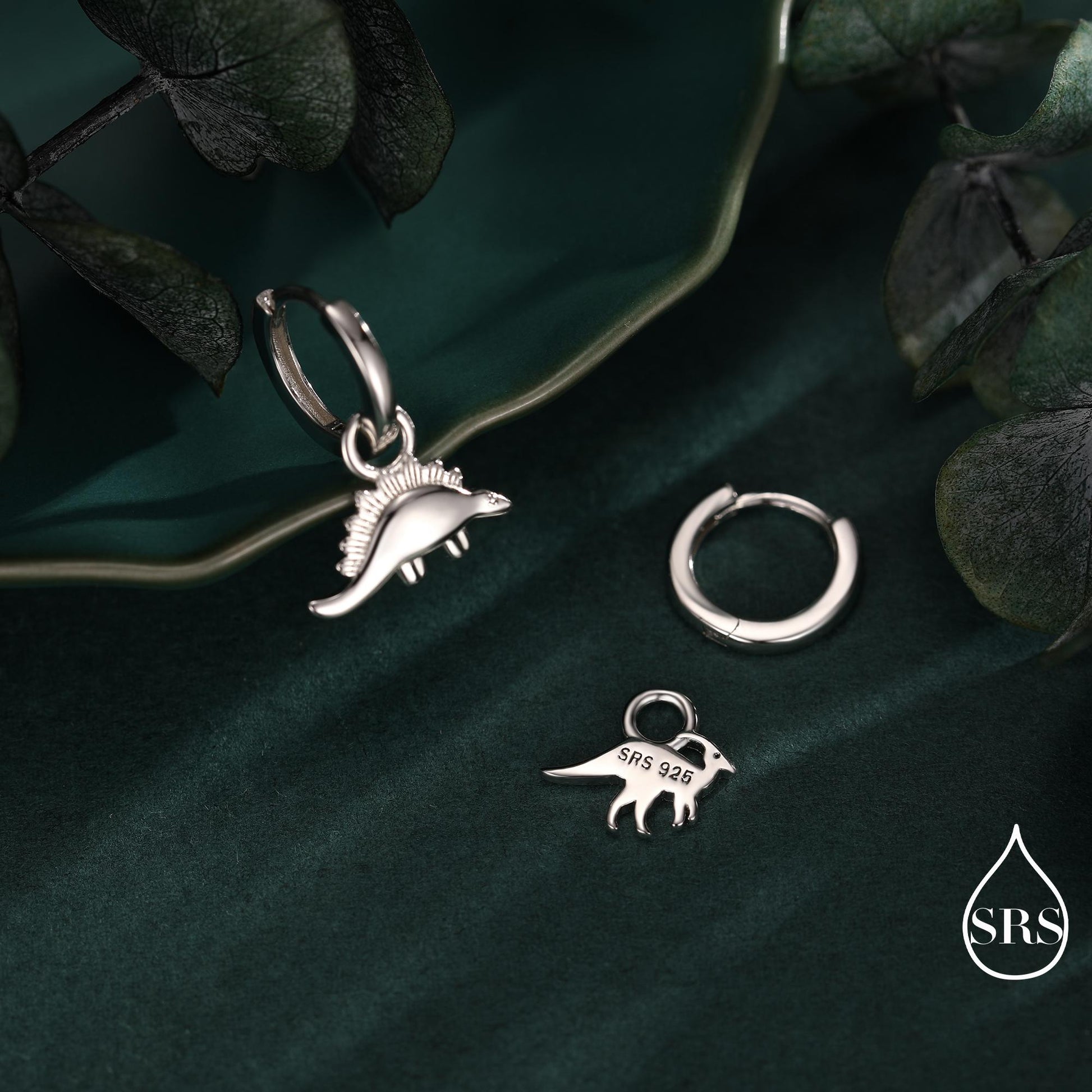 Sterling Silver Mismatched Parasaurolophus and Stegosaurus Hoop Earrings – Dinosaur Jewellery for Prehistoric Lovers, Detachable Hoops