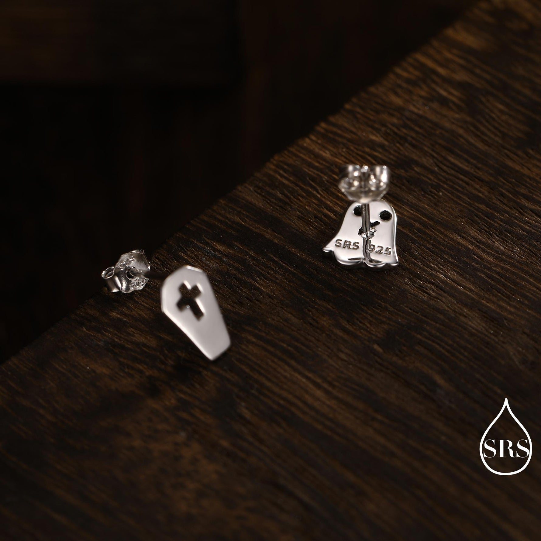 Mismatched Ghost and Coffin Stud Earrings in Sterling Silver, Asymmetric Tiny Ghost Earrings, Cute Halloween Jewellery